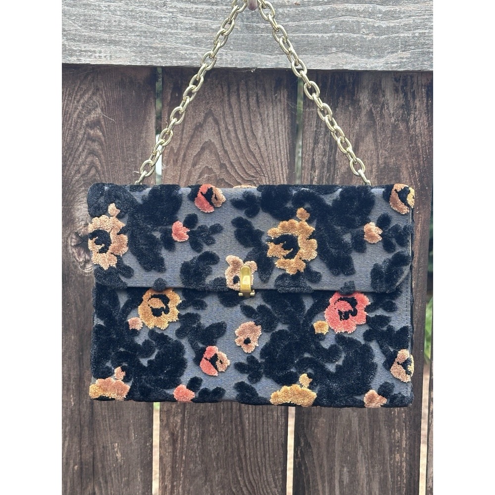 Vintage Crushed Velvet Floral Clutch Purse Hollywood Regency Victorian Revival
